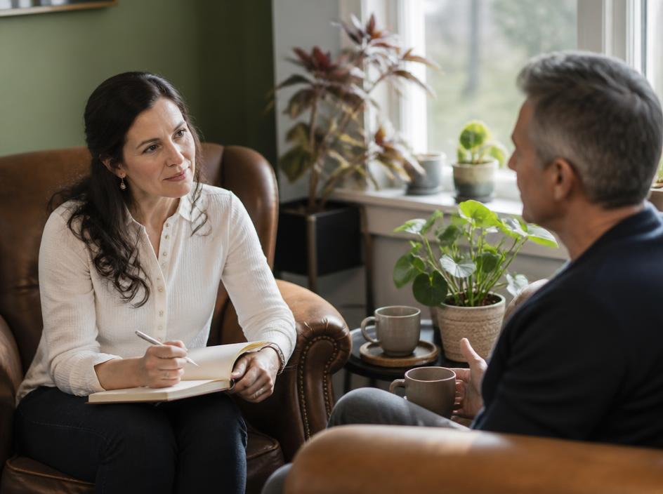 Illustration of two people in a coaching conversation over coffee