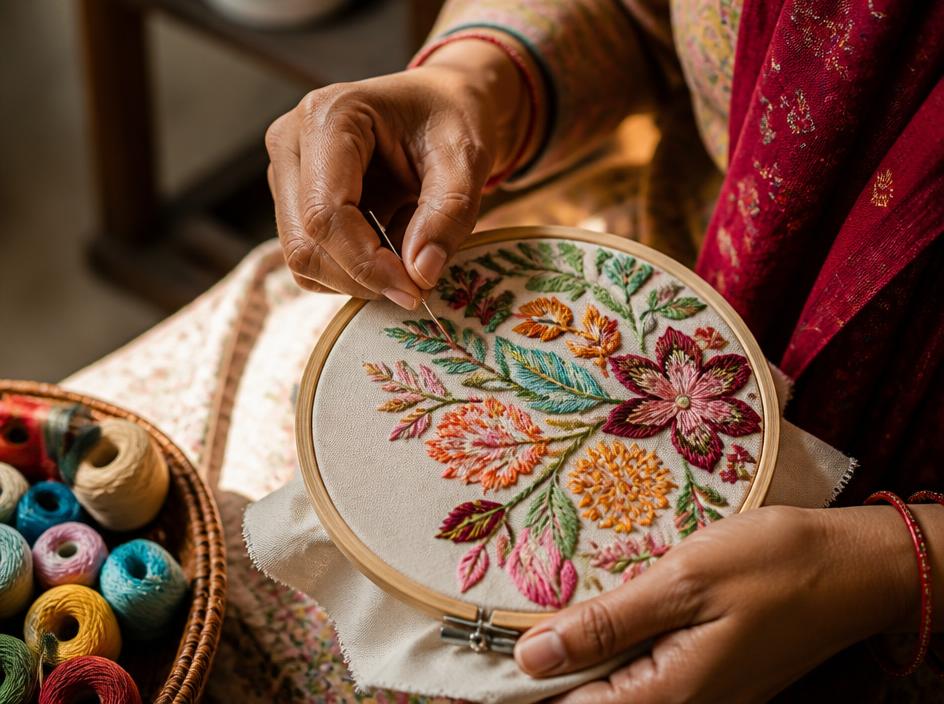 Illustration of a floral hand-embroidery hoop with thread and needle