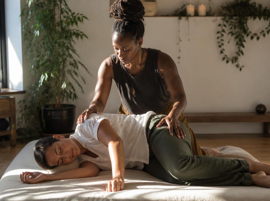 Illustration of a person meditating in a calm somatic healing session